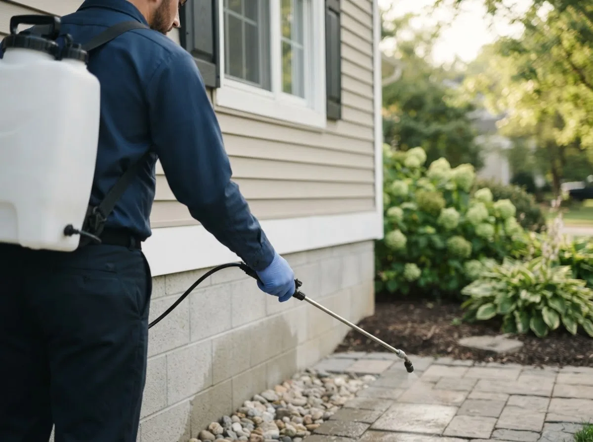 Pest control technician inspecting a home in Oshkosh, WI